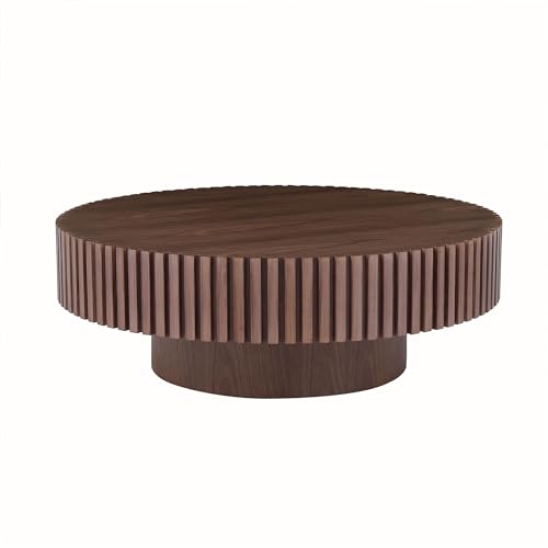 39.37'' Round Coffee Table,Mid Century Modern Fluted Circle Coffee Table,Unique Solid Wood Drum Coffee Table for Living Room,Apartment,Office,Small Space (Walnut)