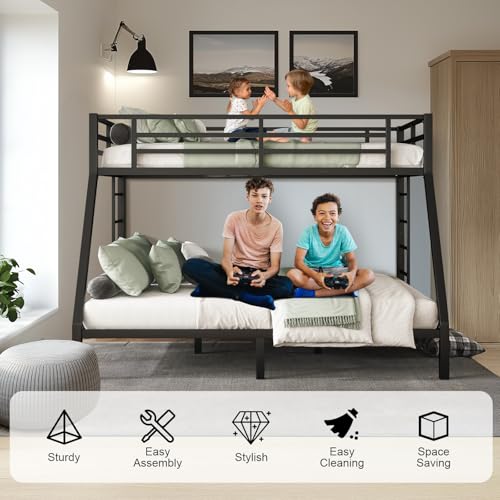 Twin XL Over Twin XL Bunk Bed, Metal Bunk Bed Frame Heavy Duty Bunk Beds Loft Bed Frame with Ladder and Guardrail Metal Slats No Box Spring Required for Adults Teens, Black