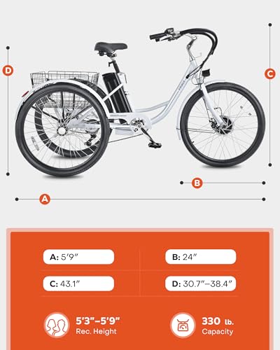 Viribus Electric Tricycle for Adults, 24 & 26 inch Electric Trike 350W(Peak 700W) with 468Wh Removable Battery, 3 Wheel Electric Bikes for Seniors, Motorized Adult Tricycle 7 Speed 330 lb. E Trike