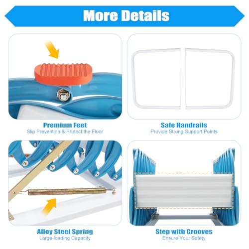 12 Steps Folding Attic Ladder Pull Down System, Wall Mounted Multifunctional Loft Ladder, Blue and White Retractable Collapsible Ladder with Armrests for Attics & Basements