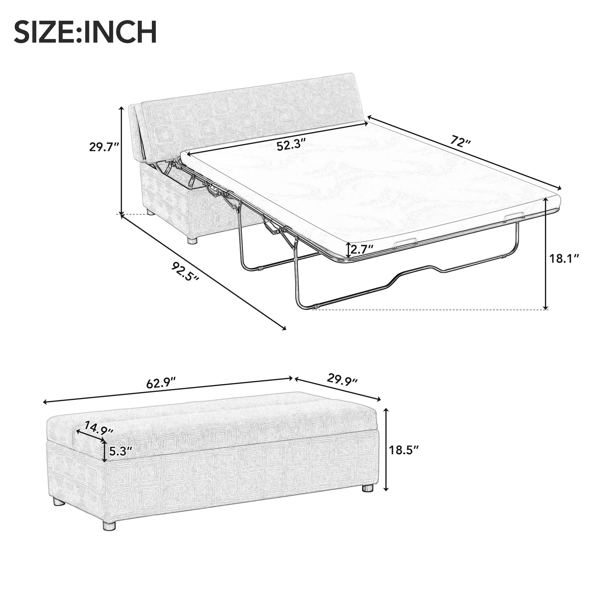 Soges 63" Folding Ottoman Sleeper Bed with Mattress Convertible Guest Bed, Gray