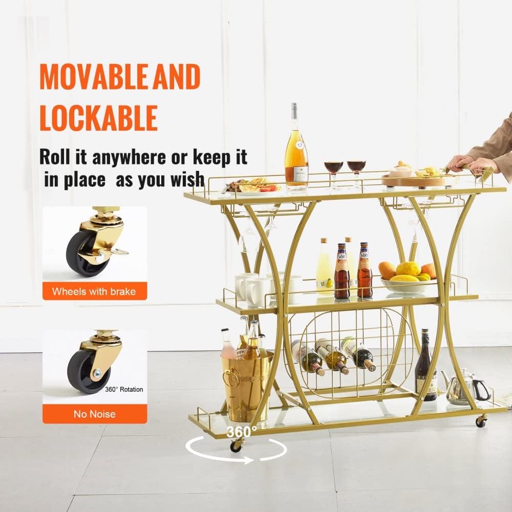 Gold Metal Bar Serving Cart with Wine Rack Glass Holder - 3 Tiers, 180 LBS Capacity - Perfect for Home Parties, Events, and Entertaining Guests