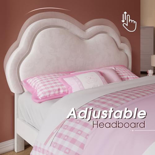 Jocisland LED Bed Frame Queen Size Velvet Upholstered Platform Bed with Adjustable Cloud Headboard, No Box Spring Needed, Easy Assembly, Cream
