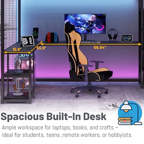 Full Size Loft Bed with Desk and Stairs,Metal Gaming Loft Bed Full with Wardrobe and Shelf, High Loft Bed with LED & USB Charging Station for Teens, Adults, Space Saving Design,Black