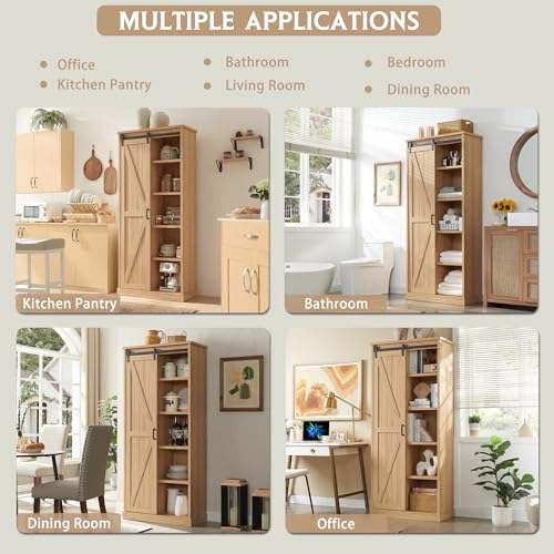 72" Tall Farmhouse Kitchen Pantry with Sliding Barn Door, Large Wood Kitchen Storage Cabinets with Adjustable Shlef, Rustic Wood Cupboard for Dining Room, Bathroom, White