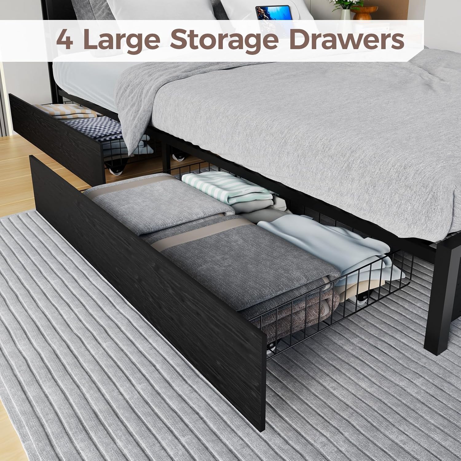 EVASTAR Queen Bed Frame with Storage Headboard and 4 Drawers, Metal Platform Bed Frame with Charging Station, Easy Assembly, Black