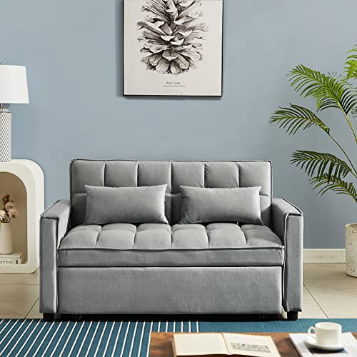 3 in 1 Convertible Sleeper Sofa Bed with Pullout Bed, Small Sofa, Loveseat Futon Sofa with Pillows, Pockets, Adjustable Backrest, Velvet Futon Couch Bed for RV, Living Room, Beige