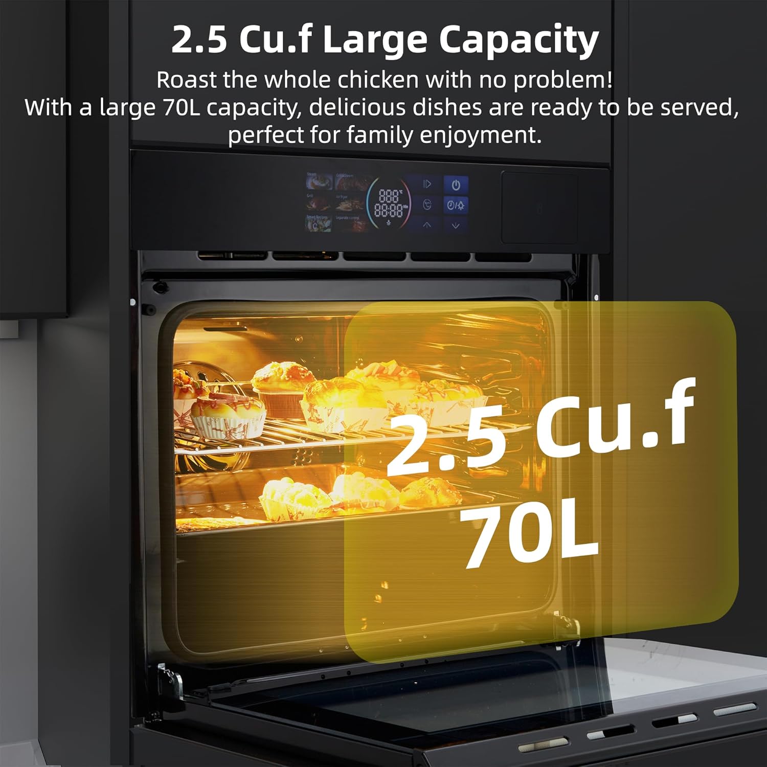 Single Wall Oven 24", 70L Built-in Electric Oven with 108 Smart Menu 8 Baking Modes Air Frying Function 3D Surround Heating, ETL Certified, Stainless Steel