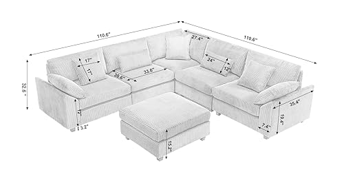 110.6"*110.6" Oversized Corner Modular Sectional Sofa Set, Modern L-Shaped Couch with Movable Ottoman and 7 Pillows, Comfy Corduroy Fabric Deep Seat 6 Seater Cloud Couch for Living Room (Beige)