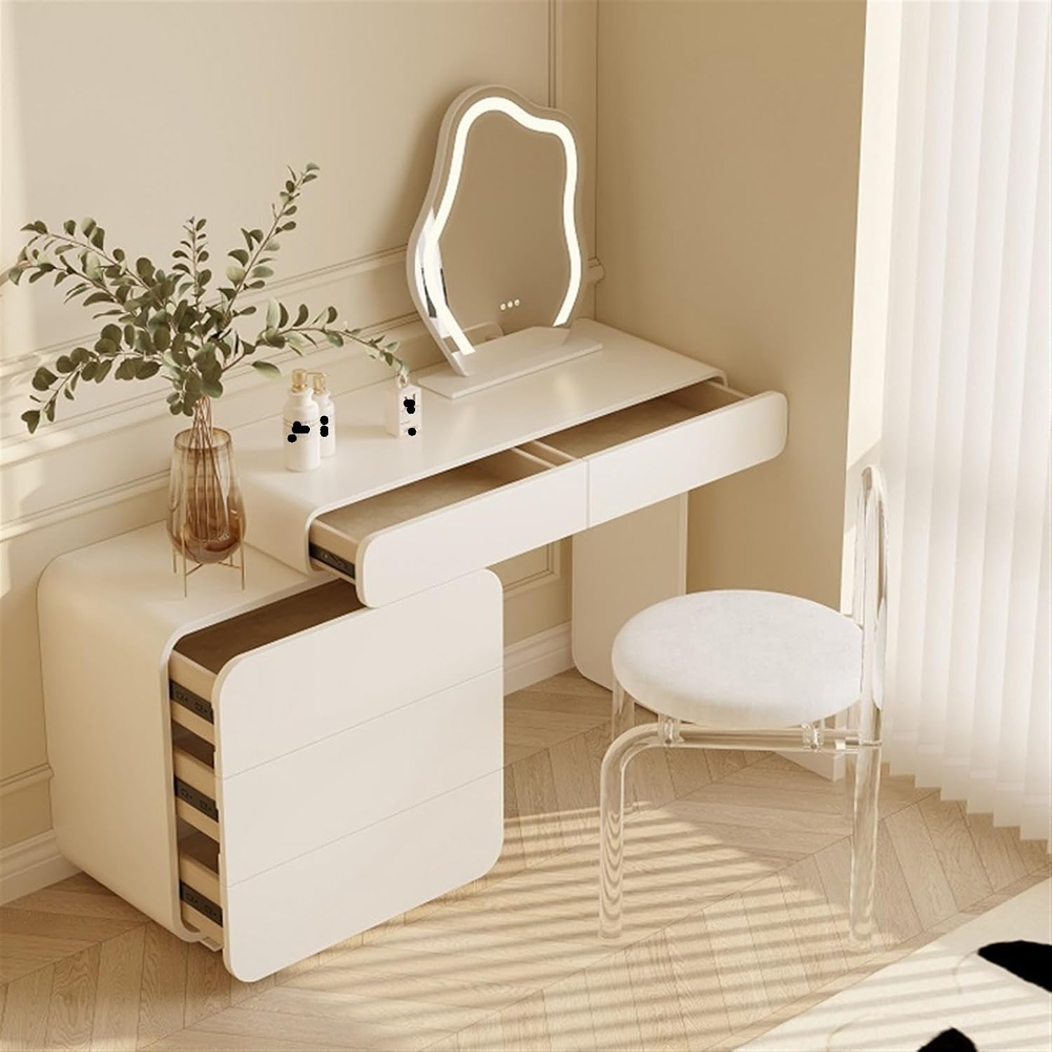 Vanity Desk Modern White Vanity Set with 5 Drawers, Makeup Mirror and Acrylic Transparent Chair, Makeup Vanity Perfect for Wife Girlfriend Fashionable Girls Makeup Dressing Table