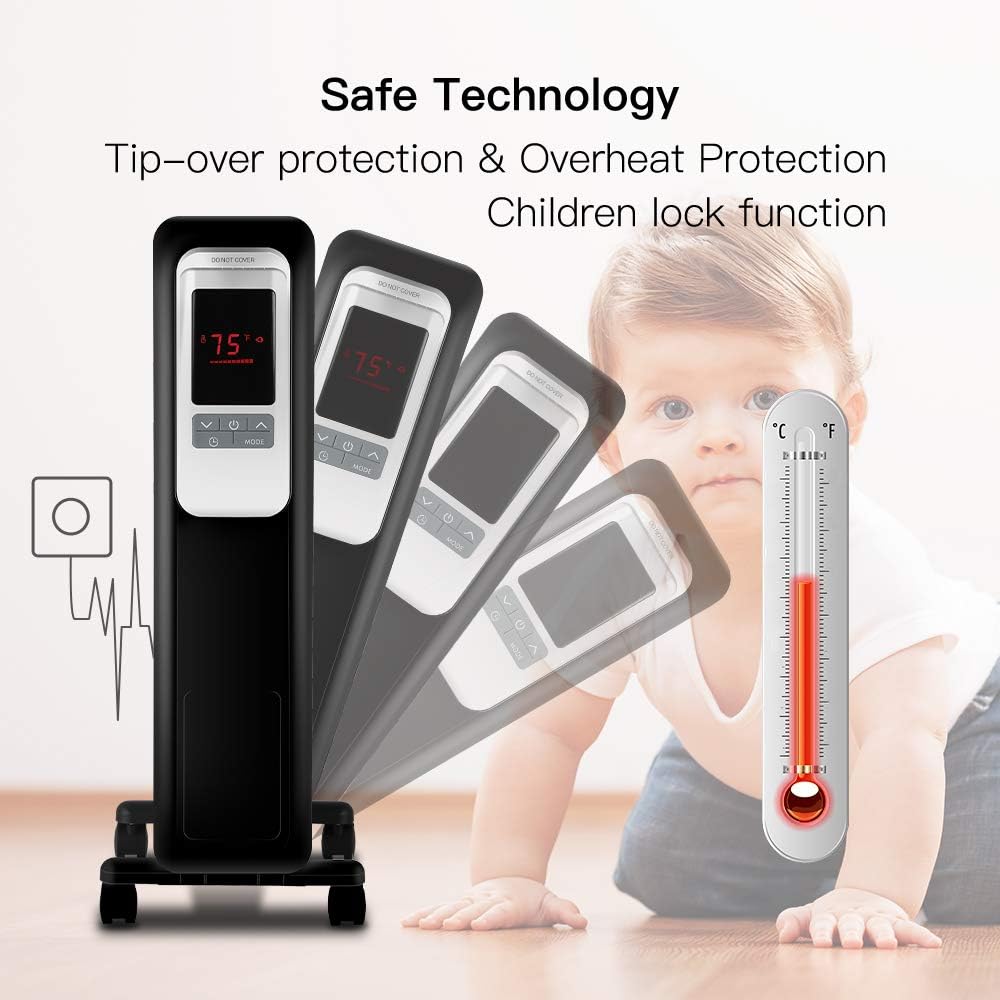 Space Heater, KopBeau 1500W Oil Filled Radiator Electric Heater with Digital Thermostat, 24 Hrs Timer & Remote, Portable Heater for Full Room Indoor