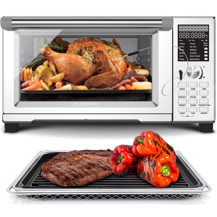 Nuwave Bravo XL Pro Air Fryer Toaster Oven with Grill Combo, 2025 New Ultra-Fast Convection System, 35% Crispier, 2X More Even, 142 Presets, 50-500F, Smarter Probe, PFAS Free, 30QT, Stainless Steel