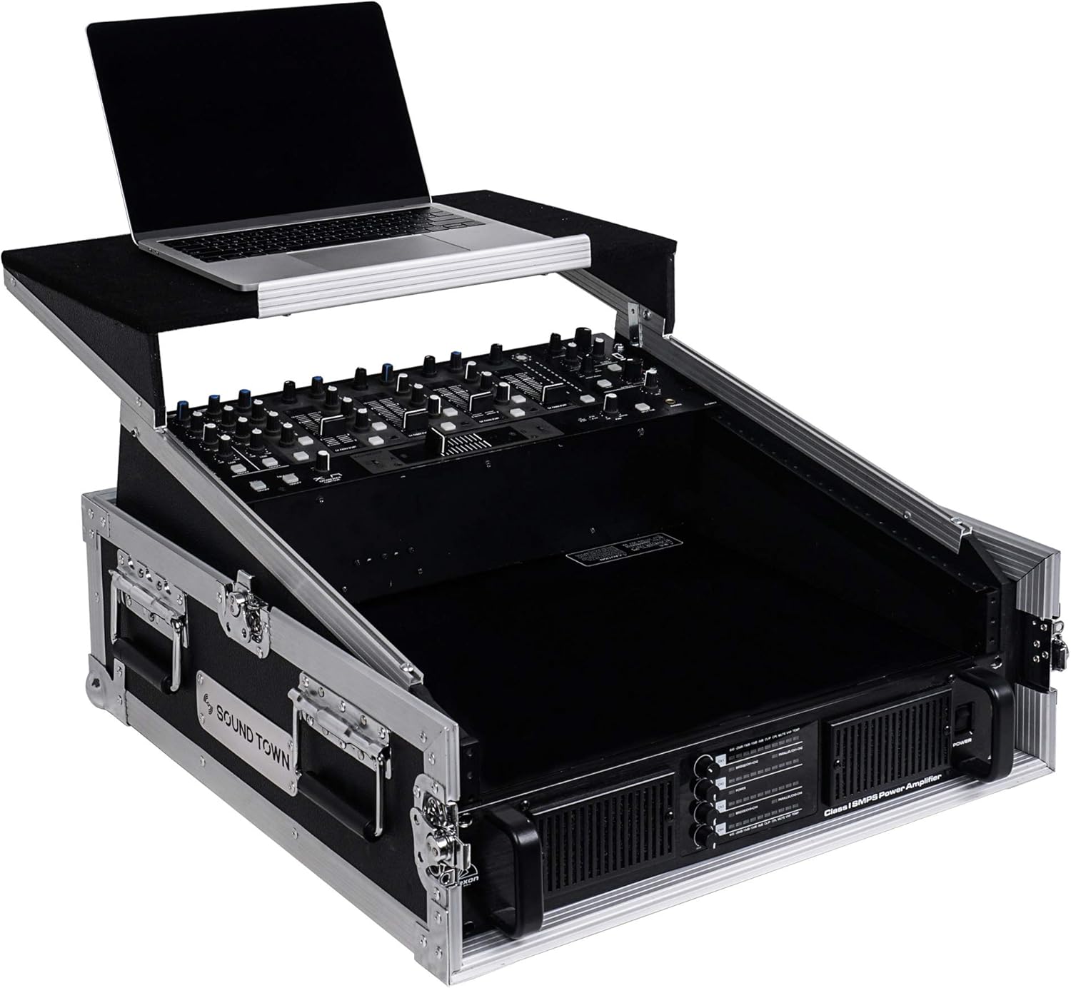 Sound Town 4U PA DJ Rack/Road Case with 11U Slant Mixer Top, 20’’ Rackable Depth, 4-Space Size - Pro Tour Grade (STMR-4US)