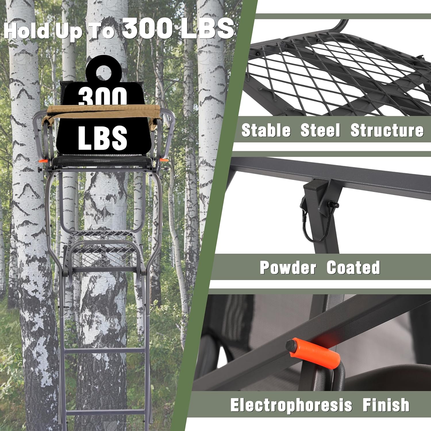 KUAFU 15.5' Ladder Tree Stand Single Ladder Stand Hunting Game Deer with Mesh Seat Hunting Gear Equipment Steel