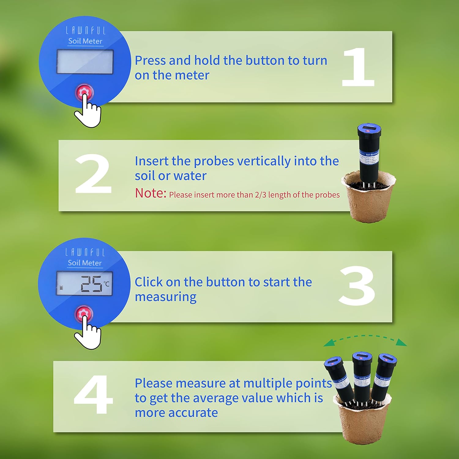 LAWNFUL 4-Way Soil Water Meter for Moisture/TDS/Conductivity/Temperature Test, 4-in 1 Tester with LCD Display for Soil and Water Plant (Work as Moisture & EC & TDS Meter & Thermometer) Pack of 2