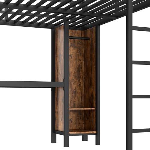 Linique Metal Loft Bed with Wardrobe & L-Shaped Desk - Sturdy Space-Saving Loft Bed Includes Storage Cubes, Shelves for Kids, Teens, Adults (White, Queen)