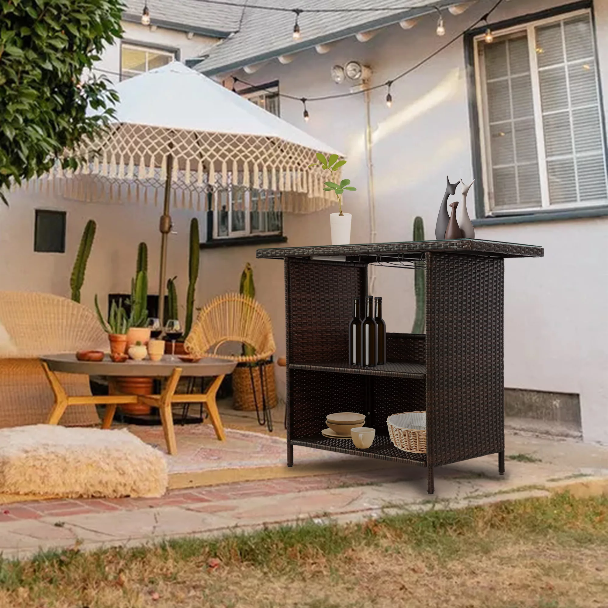Outdoor Patio Rattan Wicker Bar Counter Table Tempered Glass Tabletop w/ Waterproof Cover,2 Steel Shelves,3 Sets of Rails
