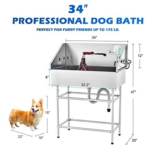 CO-Z 34 Inch Stainless Steel Dog Washing Station for Home, Professional Pet Dog Grooming Tub for Medium & Small Dogs, Extra Elevated Pet Wash Station, Dog Bathtub Bathing Station, Dog Shower Tub