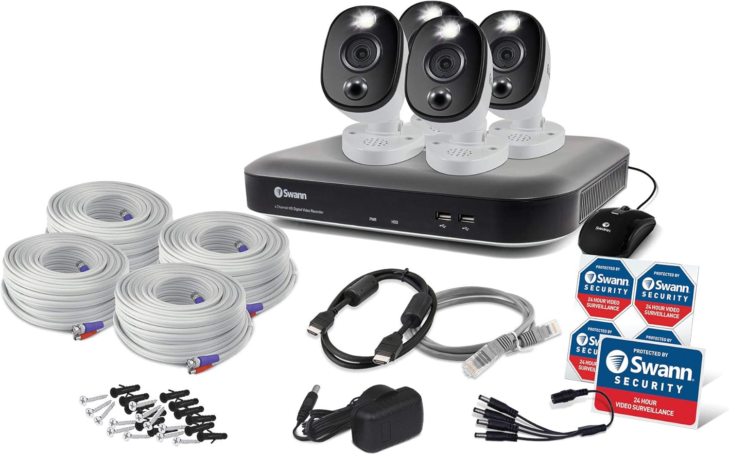 Swann 4 Channel 4 Camera DVR Security System, Wired Surveillance 4K HD DVR-5580 + 1TB HDD, Color Night Vision, Heat & Motion Sensing Warning Light, Alexa + Google, SWDVK-455804WL