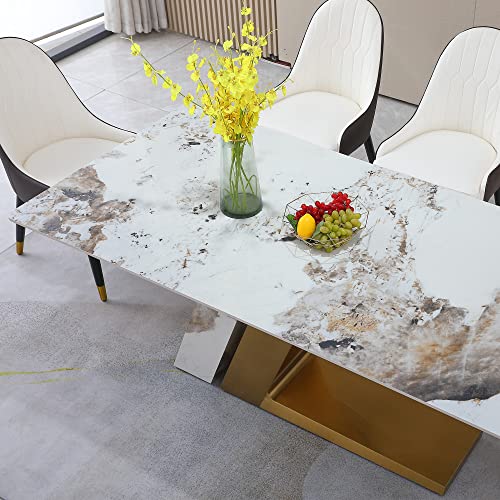 Sintered Stone Dining Table for 6-8, Modern Rectangular Kitchen Table with Z-Shaped Gold Stainless Steel Base, Luxury Pandora Brown+White Dining Room Table Noble Hotel Dining Table