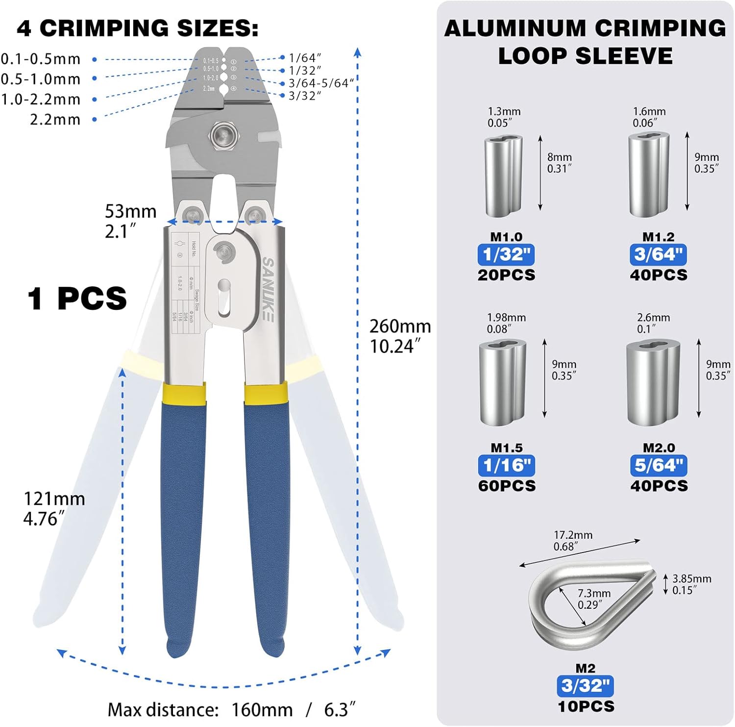 Sanuke Wire Rope Crimping Swaging Tool Cable Crimps up to 2.2mm(2/32inch) with 160pcs 4sizes Aluminum Double Barrel Ferrule Crimping Loop Sleeve and 10pcs Stainless Steel Thimble Assortment Kit Pack of 2