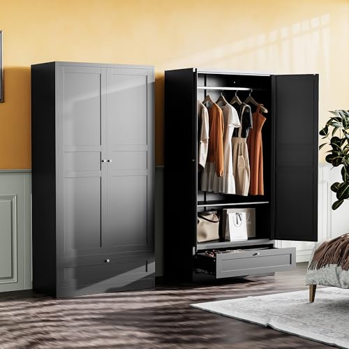 Metal Wardrobe Cabinet,Armoire Wardrobe Closet with doors,White Metal Clothing Storage Cabinet with Adjustable Shelves and Hanging Rod,72" Wardrobe Storage Cabinet for Home,Bedroom Armoires,Laundry