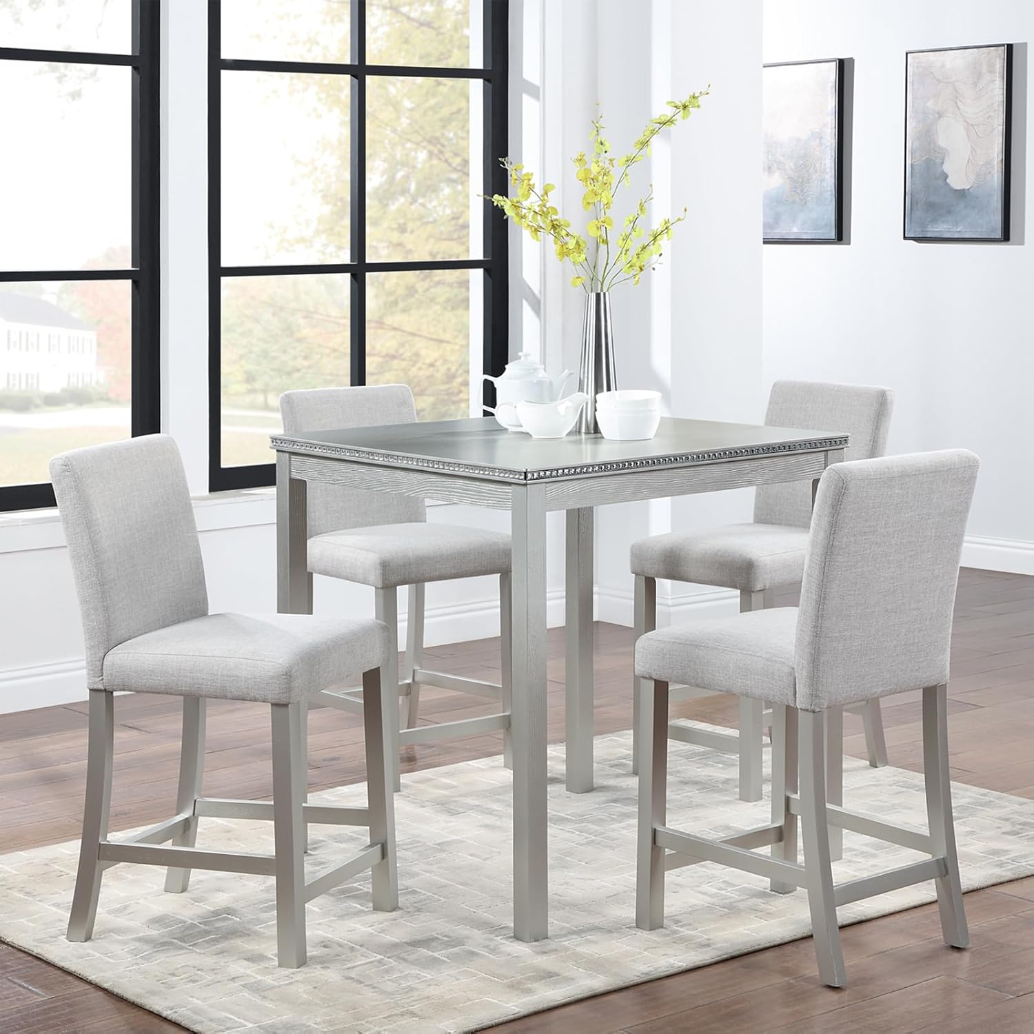 5-Piece Acacia Wood Counter Height Dining Table Set, 34.50'' Square Dining Table and 4 Upholstered-Seat Chairs, 4 Person Kitchen Dining Room Furniture Dinette Table Set, Space Saving (Grey-A2)