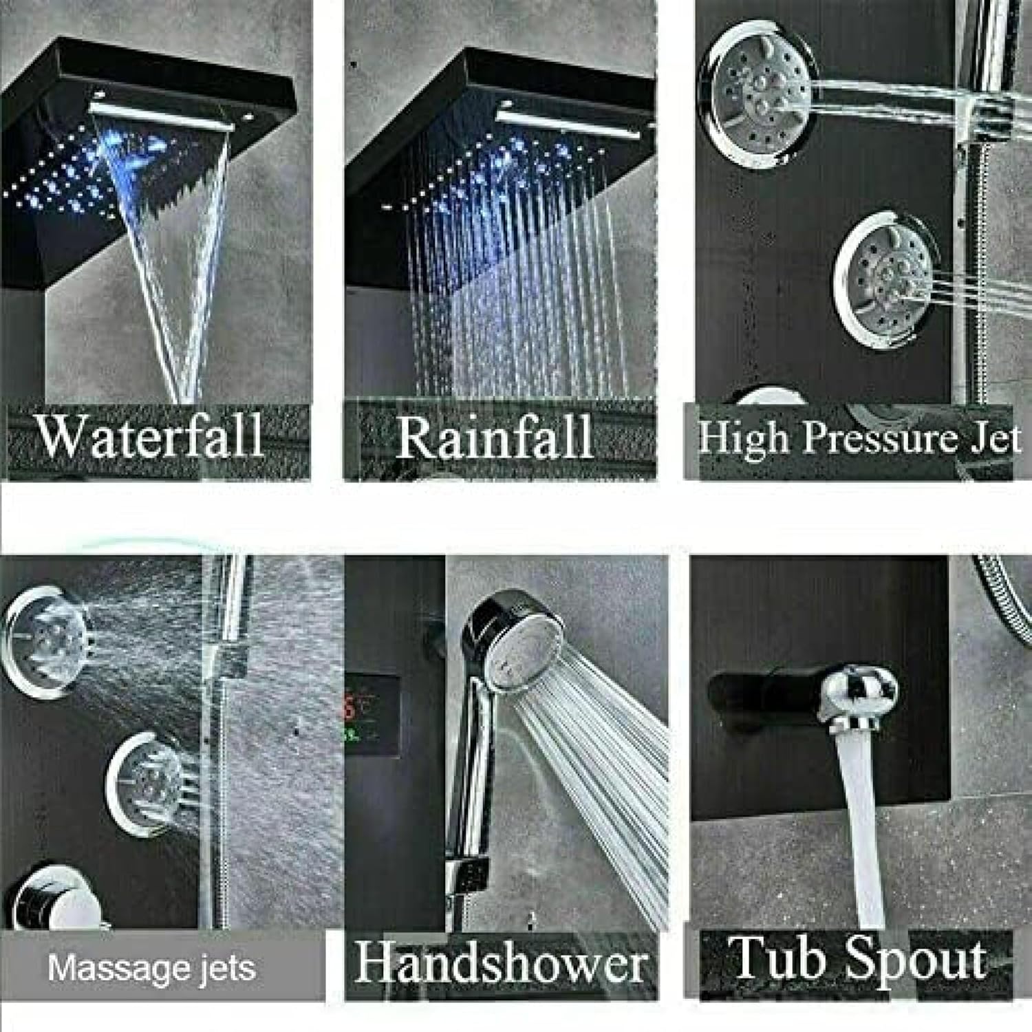 Shower System, Stainless Steel Shower Panel Tower Faucet LED Rainfall Massage System Nozzle Set-Black 9001