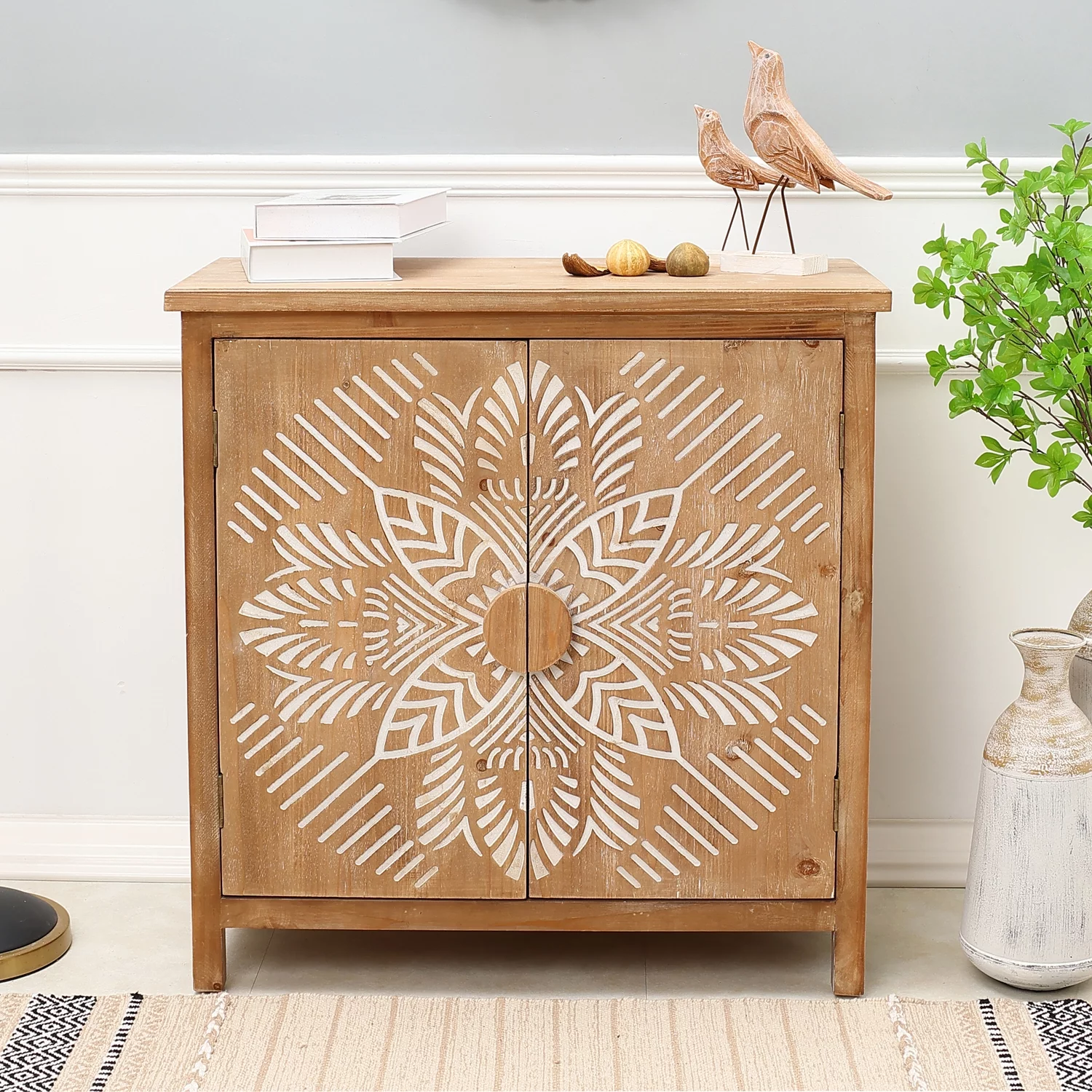 LuxenHome Natural Wood Floral 2-Door Storage Cabinet