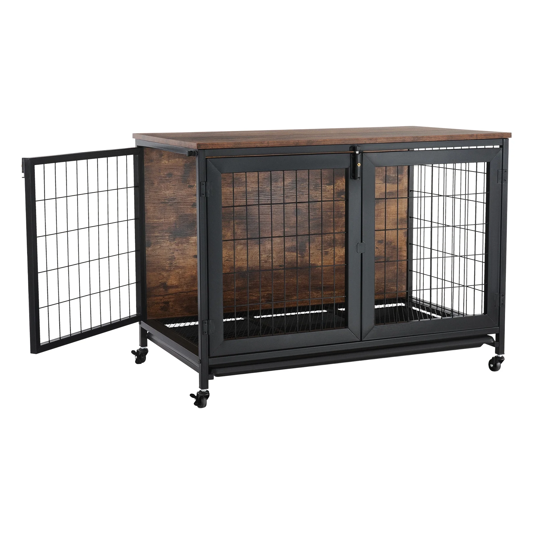 CO-Z Wooden Dog Crate End Table Triple Door Kennel with Wheels for Large Medium Dogs