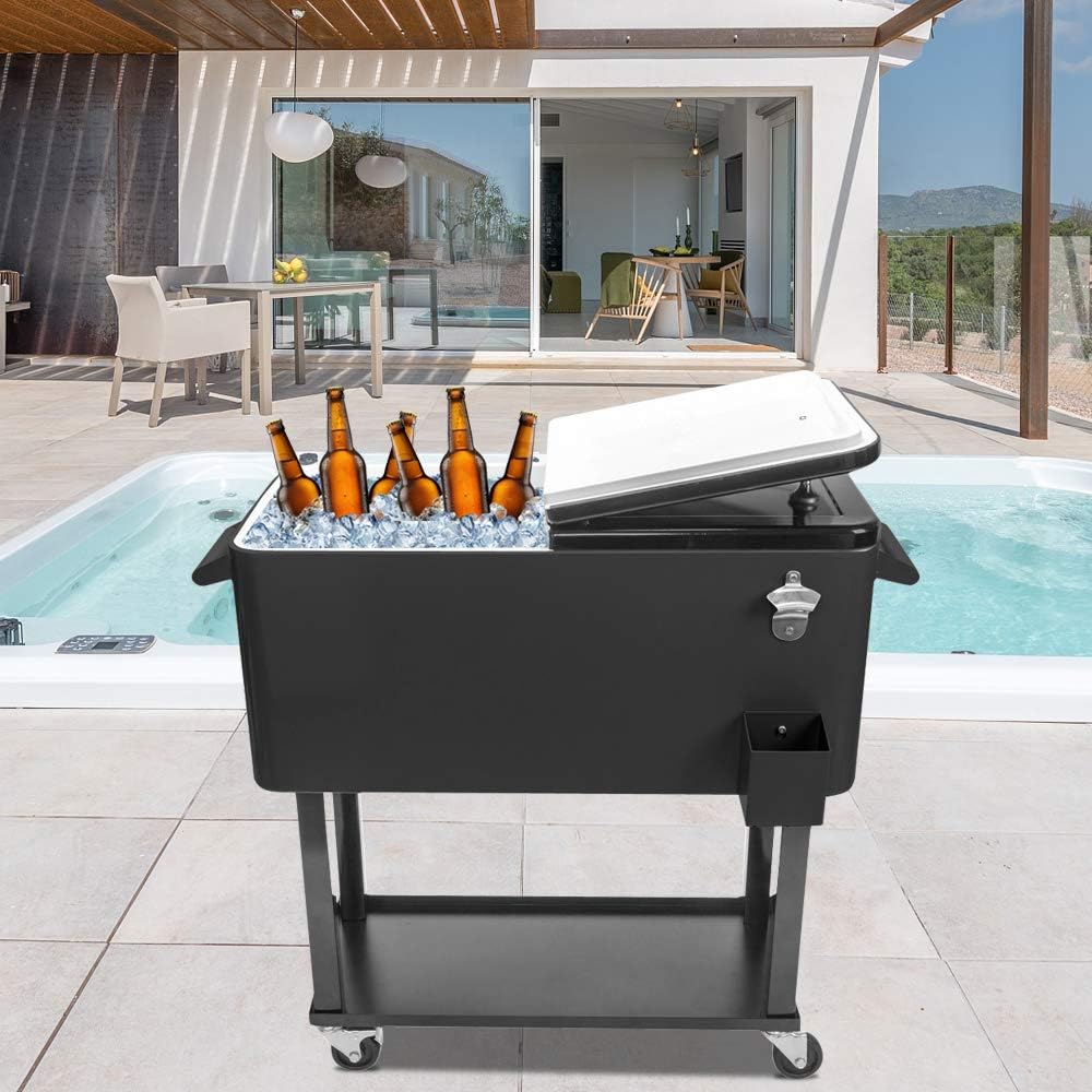 80 Quart Rolling Ice Chest, Portable Patio Party Bar Drink Cooler Cart, with Shelf, Insulated Rolling Cooler Cart with Bottle Opener, Mobile Cooler on Wheels, Rolling Cooler Cart