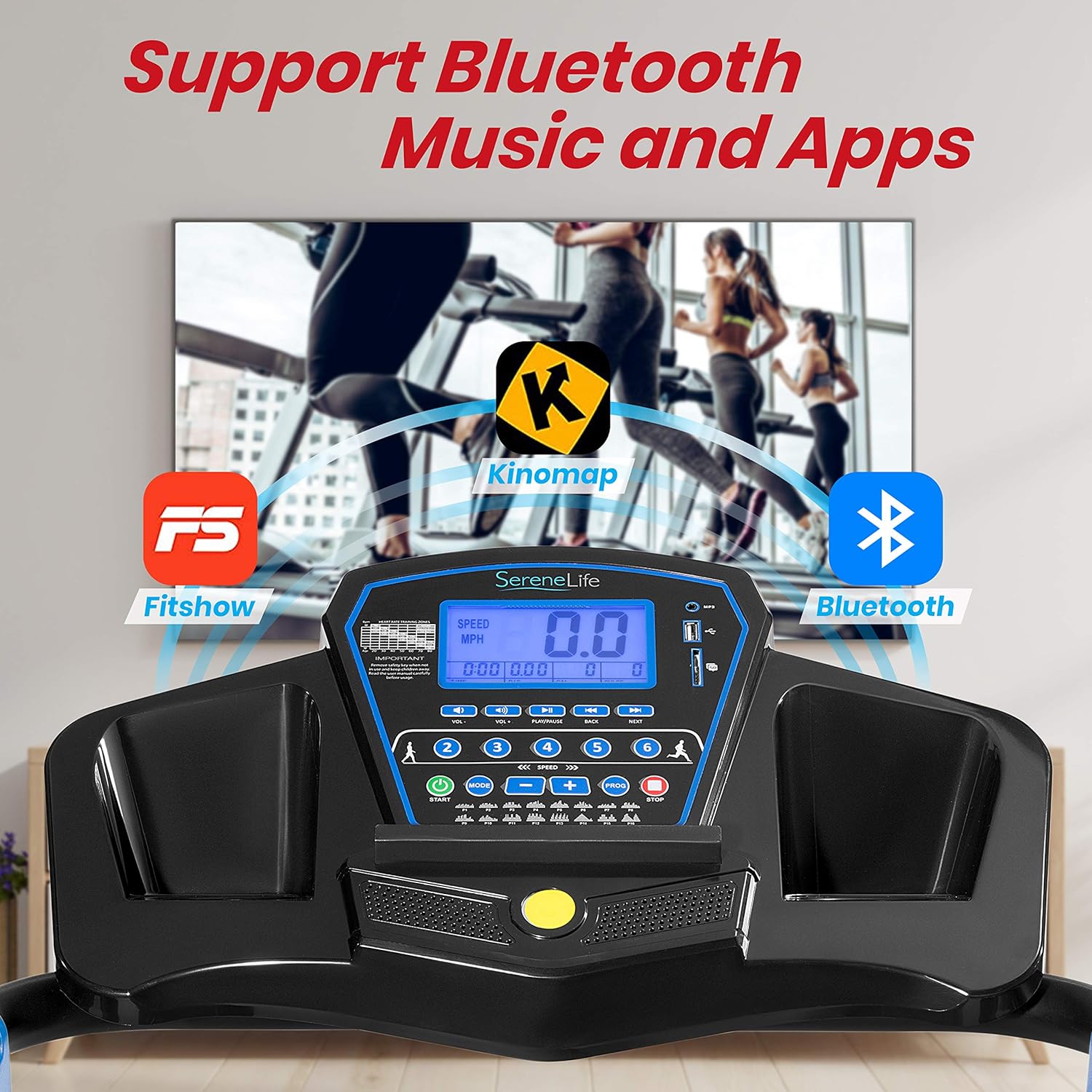 SereneLife Smart Digital Manual Incline Treadmill - Slim Folding Electric 2.5 HP Indoor Home Foldable Fitness Exercise Running Machine with Downloadable App, MP3 Player, Safety Key SLFTRD25.5