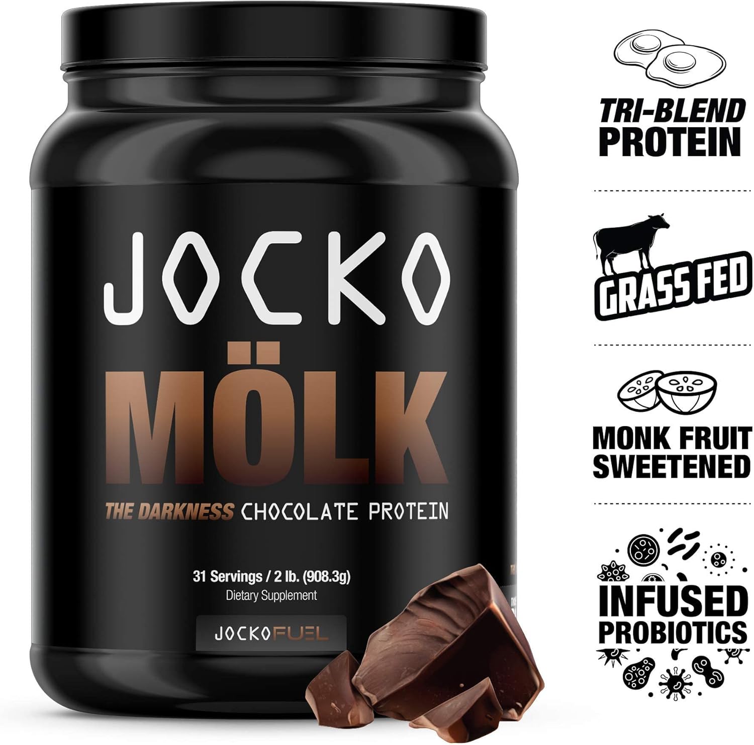 Jocko Mölk Protein Powder (Chocolate) - Keto, Probiotics, Grass Fed Whey, Digestive Enzymes, Amino Acids, Sugar Free Monk Fruit Blend - Supports Muscle Recovery and Growth - 31 Servings Pack of 2