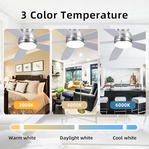 52 Inch Low Profile Ceiling Fans with Lights, Black Flush Mount Ceiling Fan and Remote, 3 Color LED Dimmable DC Reversible Modern Ceiling Fan for Living Room, Bedroom, Dining Room.