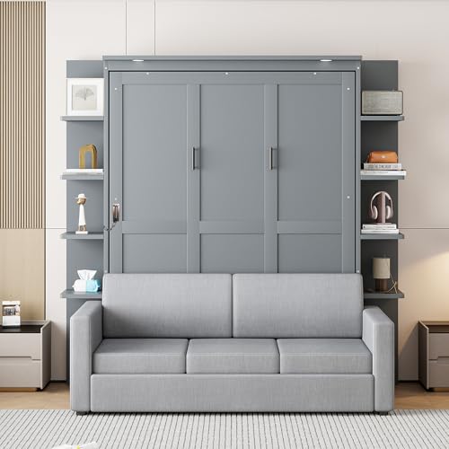 Polibi Queen Size Murphy Bed - Multi-Functional Wall Bed with Sofa Cushion, Folds into Cabinet, Ideal for Guest Room/Home Office/Gym, Gray