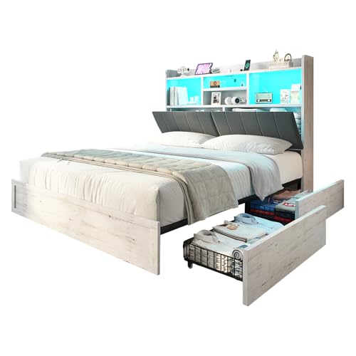 Full Farmhouse Bed Frame with Bookcase Headboard and 4 Drawers, LED Storage Bed with Charging Station & Linen Upholstered, No Box Spring Needed, Black