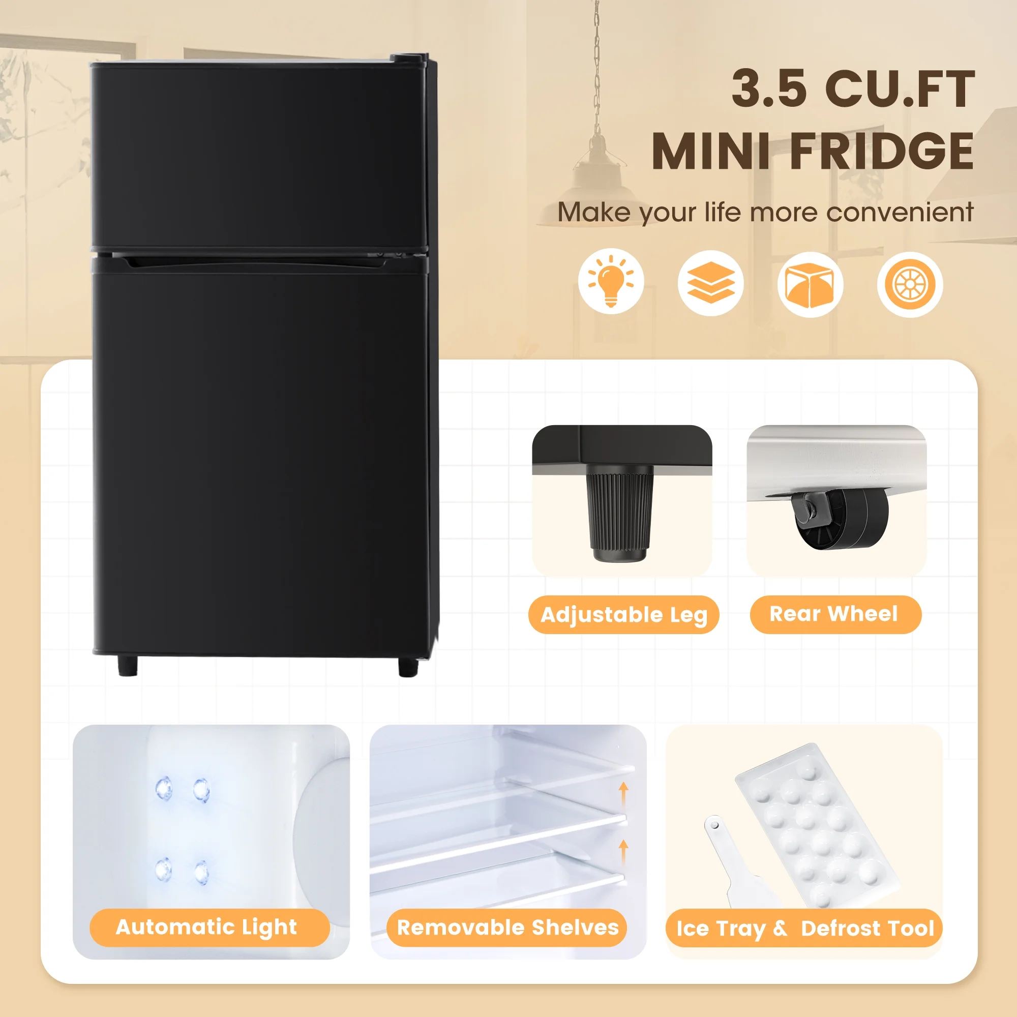 Manastin 3.5 Cu.Ft Mini Fridge with Freezer, Adjustable Thermostat, Low Noise, Removable Glass Shelves, 2 Door Small Refrigerator for Kitchen, Dorm, Office, Bedroom,Black