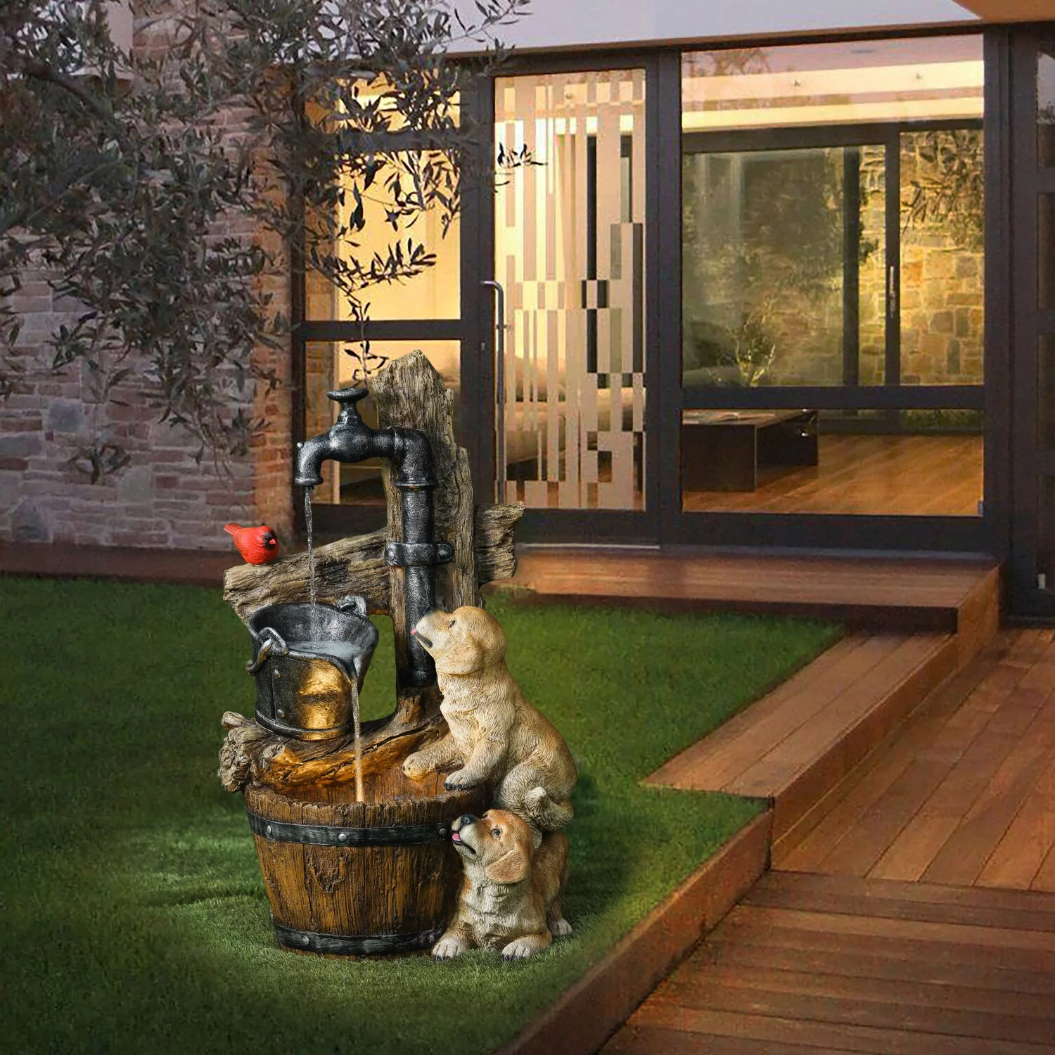 Resin Puppies and Water Pump Outdoor Fountain with LED Light