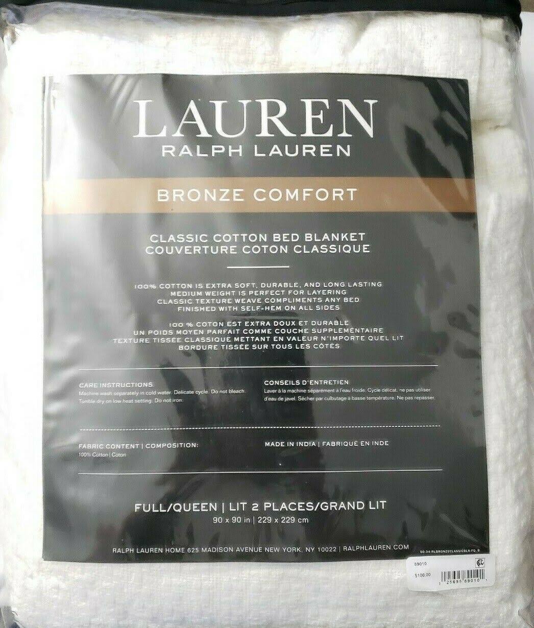 Lauren Ralph Lauren Classic 100% Cotton Full/Queen Blanket - White