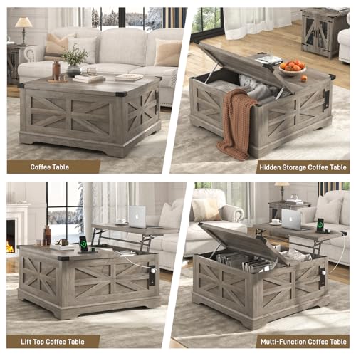 36" Farmhouse Movable Lift Top Coffee Table with Storage and Power Outlets, Square Wood Living Room Tables with Wheels&Large Hidden Space, Lift Wooden Barn Door Center Table, White