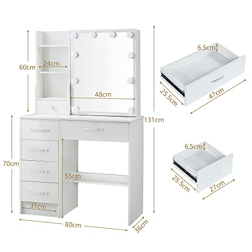 Makeup Vanity Set with Lights & Mirror, Large Vanity Table with Storage Drawers & Stool, Bedroom Dresser Desk Dressing Table for Girls Women (Modern)
