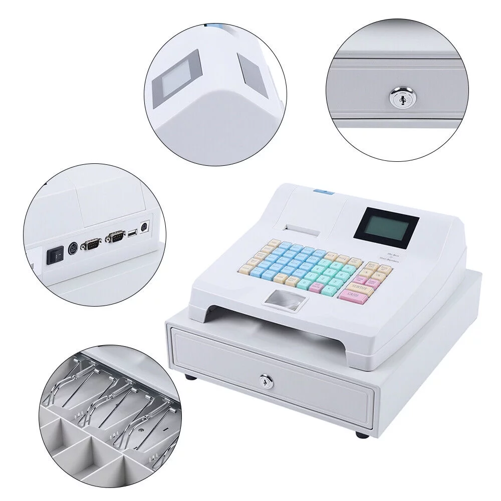 ZhdnBhnos Commercial Electronic Cash Register 48 Keys POS System Casher Digital LED Display W/ Drawer For Supermarket Restaurant Bar Shop Store Retail