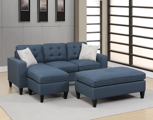 3Pc Reversible Sectional Couches for Living Room, Black Tufted Polyfiber Wood Legs Chaise Sofa with Ottoman Pillows Cushion Couch