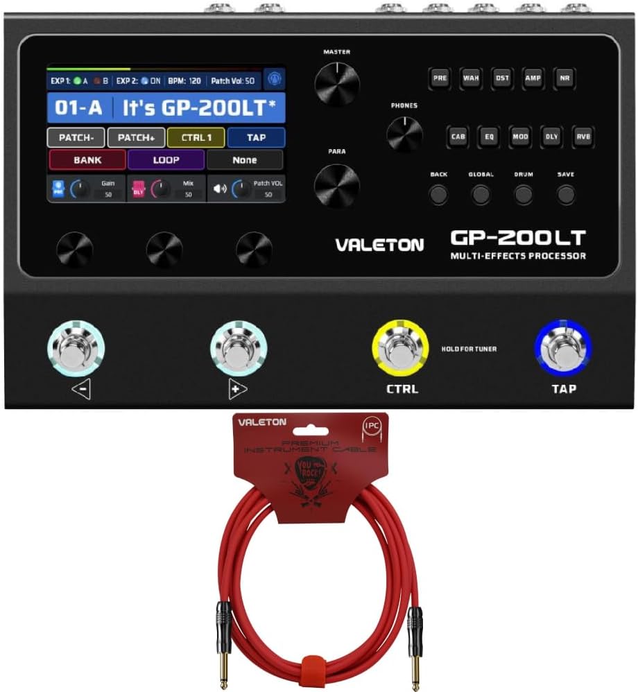 Valeton GP-200LT + 10 ft Cable Bundle Multi Effects Pedal Processor Guitar Bass Amp Modeling IR Cabinets Simulation Multi-Effects with FX Loop MIDI I/O Stereo OTG USB Audio Interface