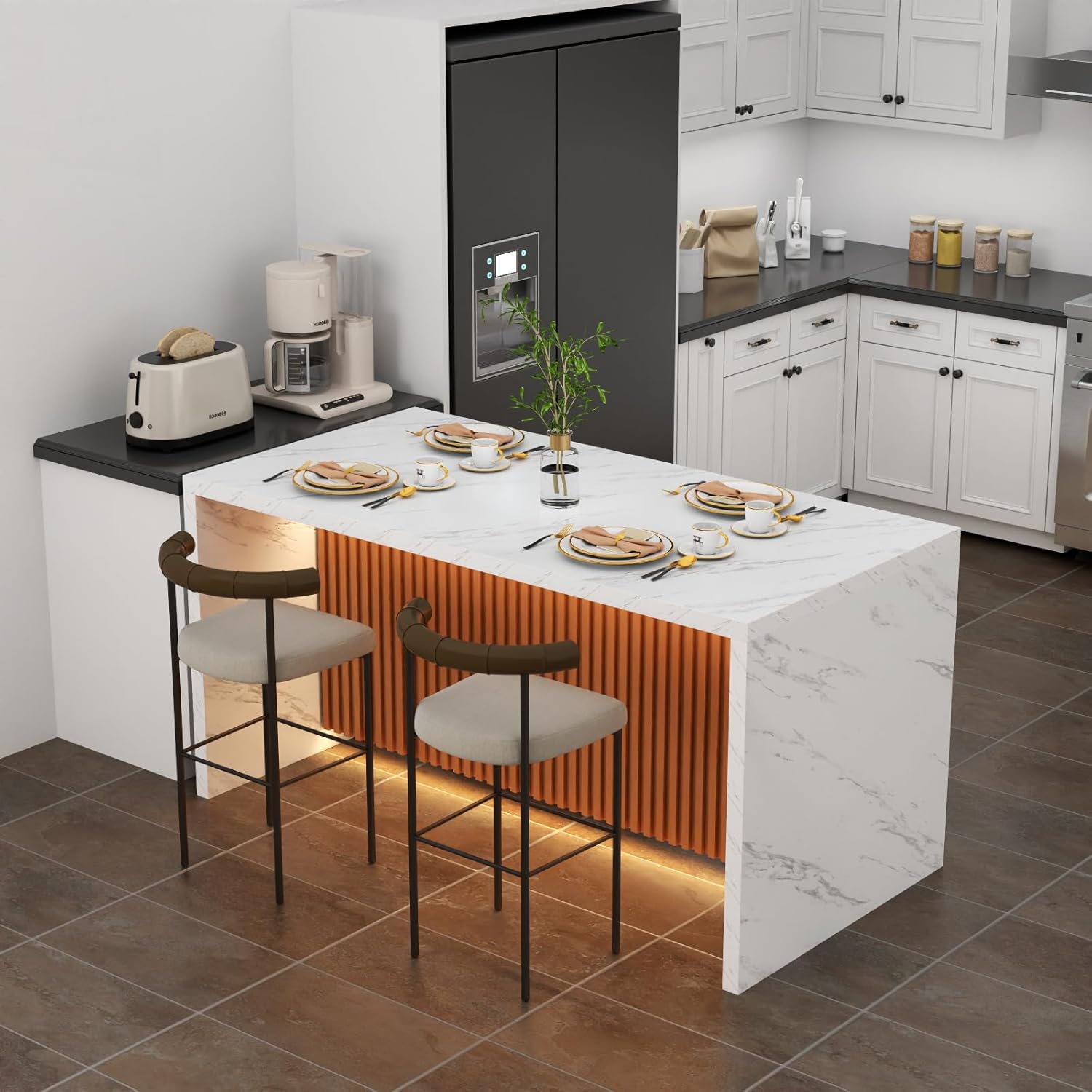 63" Large Imitation Marble Dining Table for 4-6 People, Island Table with LED Lights, Mordern Marble Stripes Kitchen Dining Table with Grille design for Dining Room, Home, Office, Living Room（White）