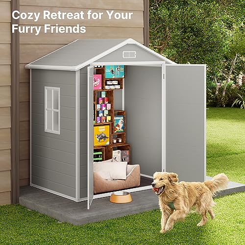 Gizoon Outdoor Resin Storage Shed 5x3 FT, Plastic Garden Shed with Floor for Tool, Garbage Can, Bike, Outside Sheds & Outdoor Resin Shed with Lockable Door for Patio, Lawn, Backyard, Grey & White