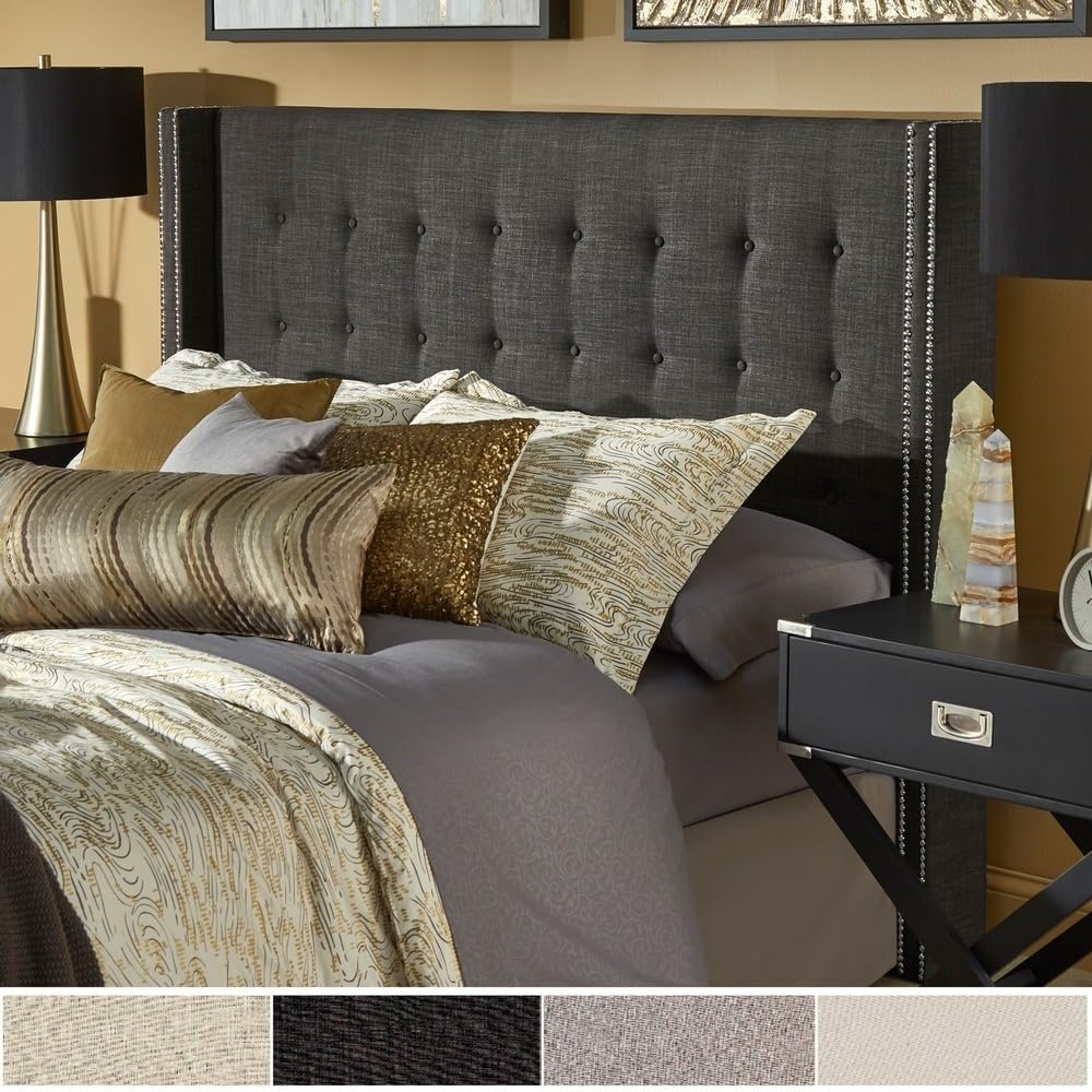 Inspire Q Marion Button-tufted Wingback adboard by Bold Queen Beige Linen Headboard Espresso Finish Queen
