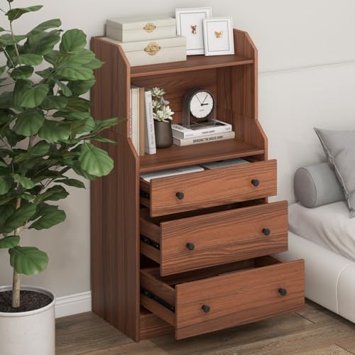 LOKO 3 Drawers Dresser with Shelves, Tall Nightstand with 2 Open Shelves, Modern Chest of Drawers with Anti-Toppling Device, Utility Storage Dresser for Living room, Bedroom, Closet, Entryway (Walnut)