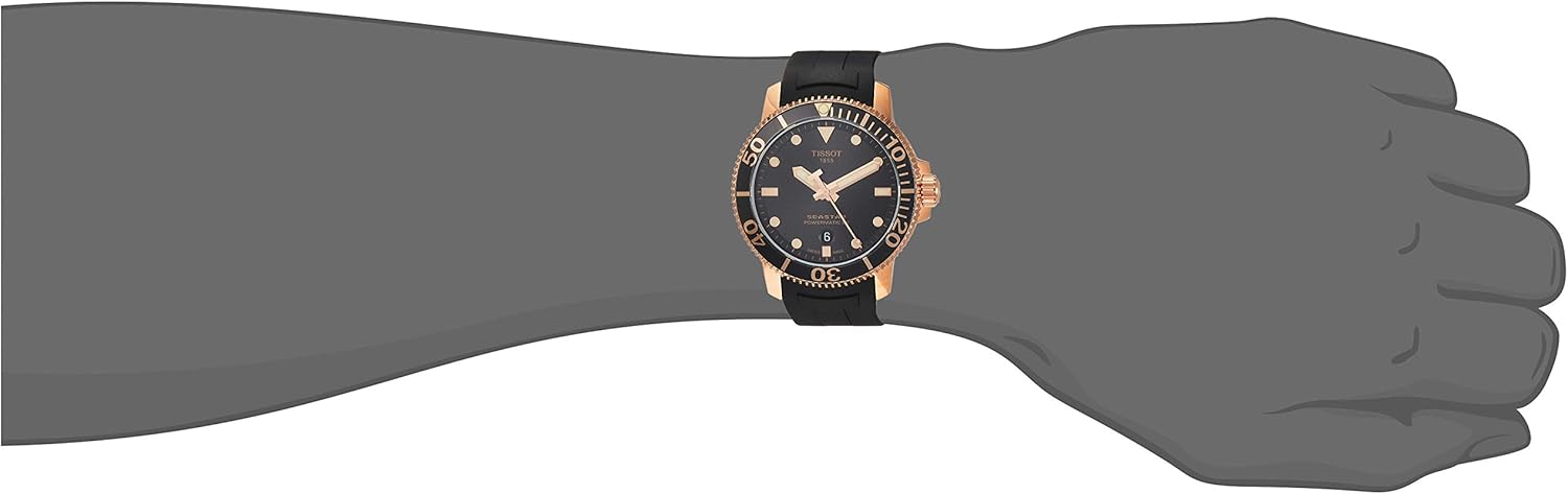 Tissot mens Seastar 1000 Powermatic 80 316L stainless steel case with rose gold PVD coating Automatic watches, Black, Rubber, 21 (T1204073705101)
