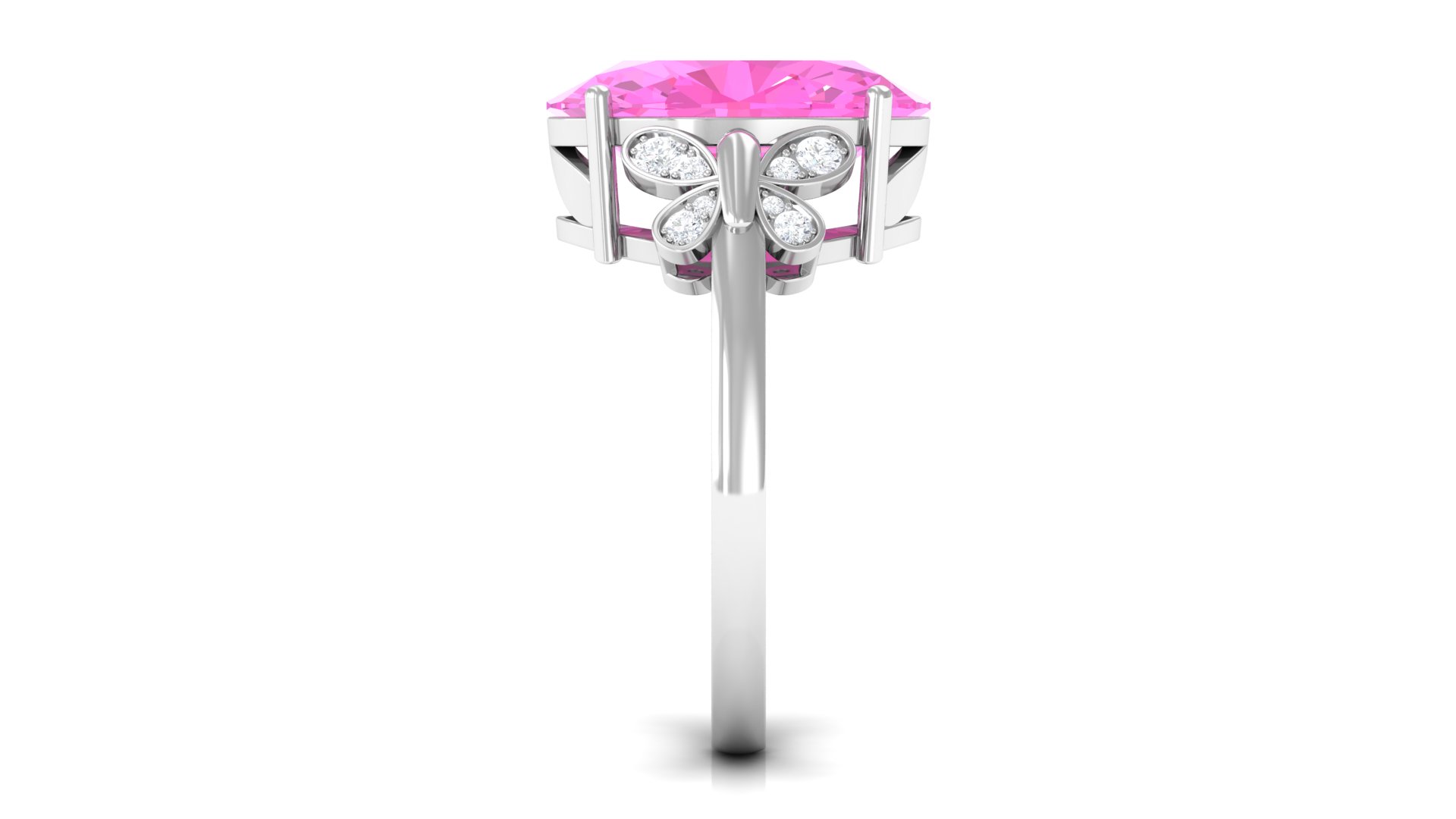 Oval Created Pink Sapphire Solitaire Ring with Diamond for Women - 10X14 mm, 925 Sterling Silver, US 4.00
